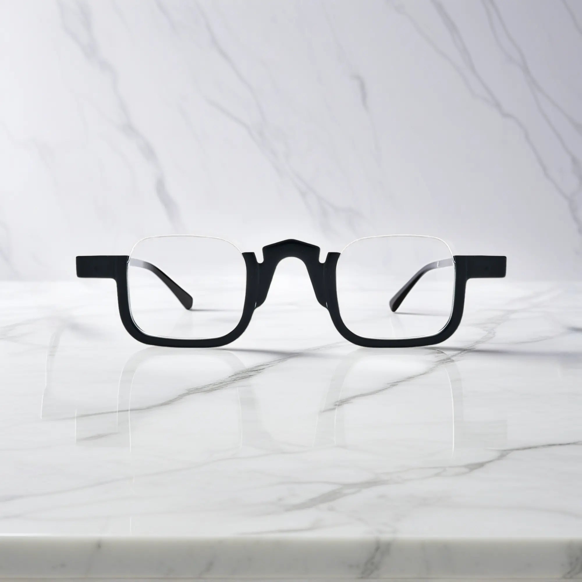 Front view of VoyueLens™ square eyeglasses in midnight black acetate, classic modern prescription frame